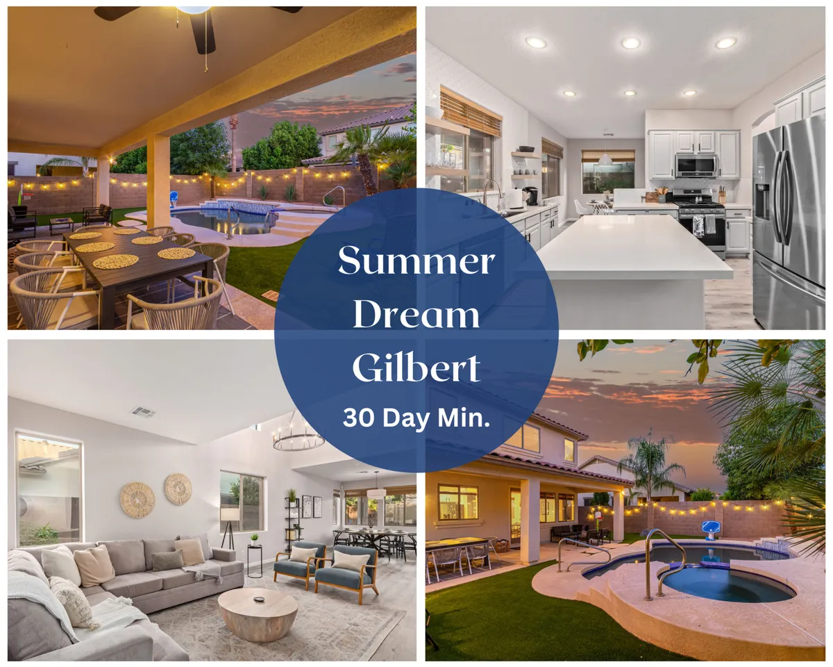 The hero image showcases the home's inviting backyard featuring a sparkling heated pool, a stylish outdoor dining area perfect for sunset barbecues, and views into the modern open-concept kitchen and living room designed for relaxation and socializing. The space is bathed in warm Arizona light, highlighting both the resort-style amenities and welcoming indoor-outdoor flow.